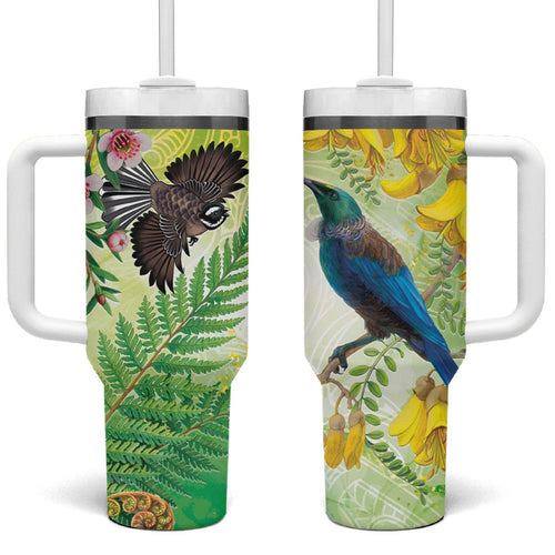 New Zealand Maori Mahuru Tumbler With Handle Tui With Pikawakawa Spring Colors