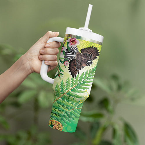 New Zealand Maori Mahuru Tumbler With Handle Tui With Pikawakawa Spring Colors