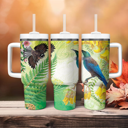 New Zealand Maori Mahuru Tumbler With Handle Tui With Pikawakawa Spring Colors