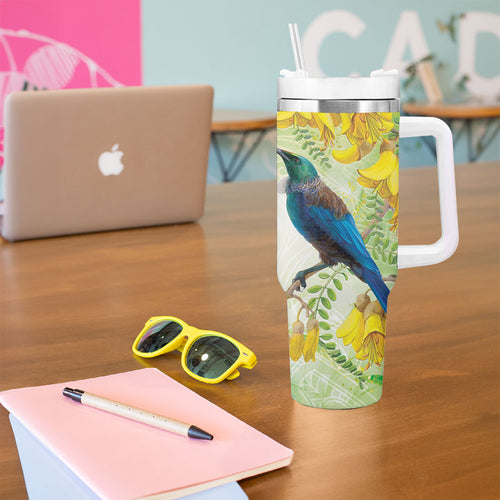 New Zealand Maori Mahuru Tumbler With Handle Tui With Pikawakawa Spring Colors