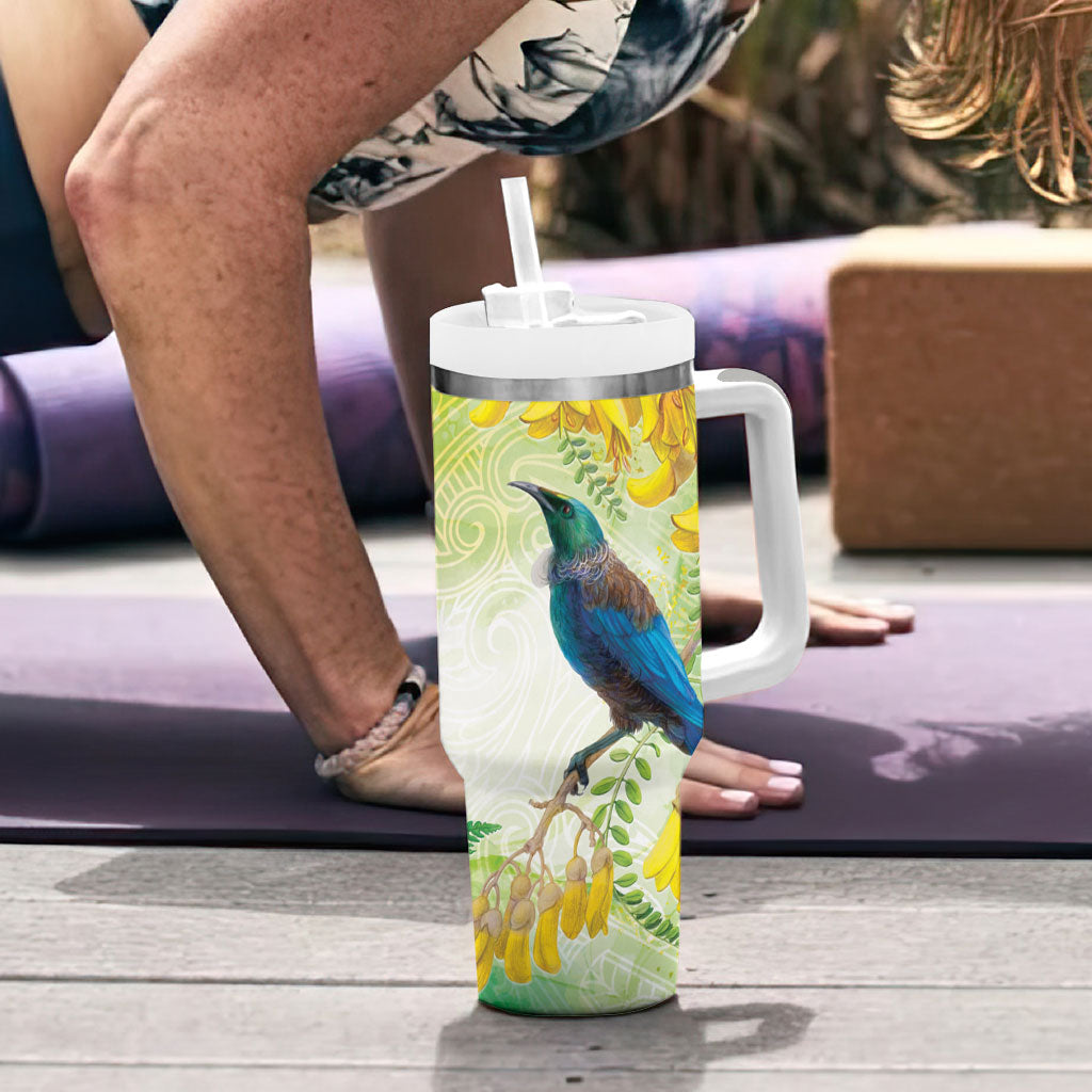 New Zealand Maori Mahuru Tumbler With Handle Tui With Pikawakawa Spring Colors