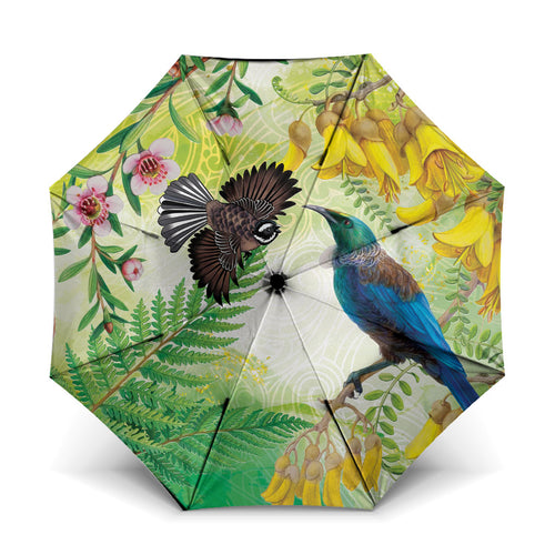New Zealand Maori Mahuru Umbrella Tui With Pikawakawa Spring Colors