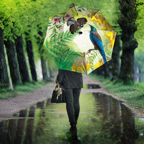 New Zealand Maori Mahuru Umbrella Tui With Pikawakawa Spring Colors