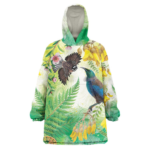 New Zealand Maori Mahuru Wearable Blanket Hoodie Tui With Pikawakawa Spring Colors