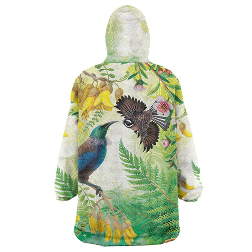 New Zealand Maori Mahuru Wearable Blanket Hoodie Tui With Pikawakawa Spring Colors