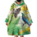 New Zealand Maori Mahuru Wearable Blanket Hoodie Tui With Pikawakawa Spring Colors