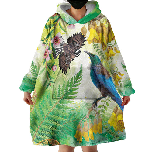 New Zealand Maori Mahuru Wearable Blanket Hoodie Tui With Pikawakawa Spring Colors