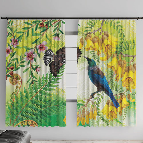 New Zealand Maori Mahuru Window Curtain Tui With Pikawakawa Spring Colors