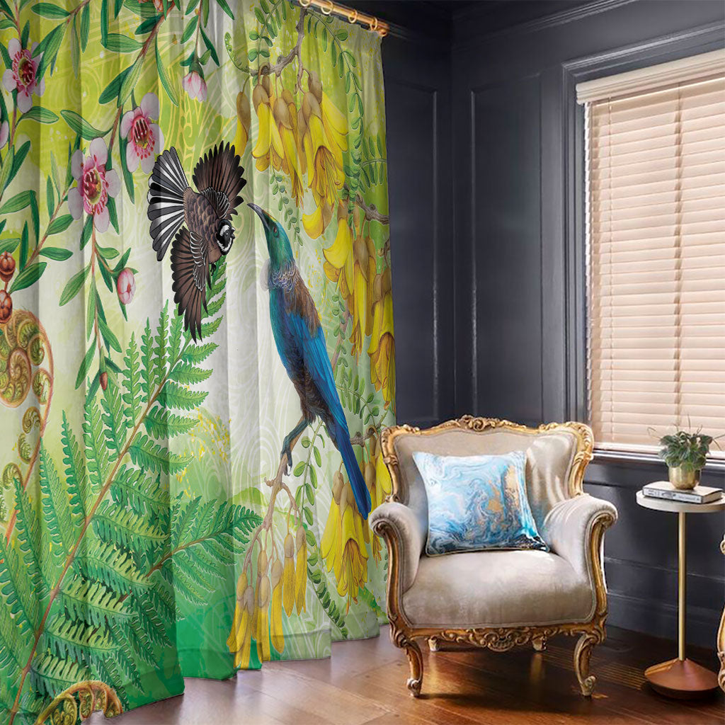 New Zealand Maori Mahuru Window Curtain Tui With Pikawakawa Spring Colors