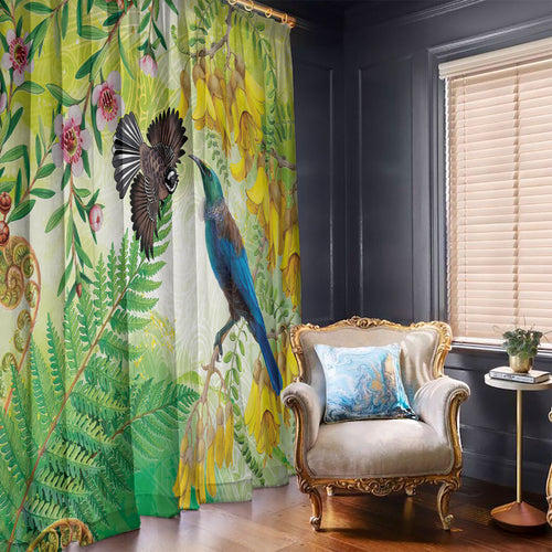 New Zealand Maori Mahuru Window Curtain Tui With Pikawakawa Spring Colors