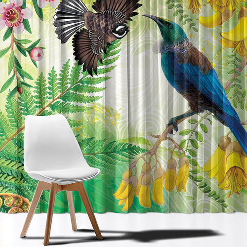 New Zealand Maori Mahuru Window Curtain Tui With Pikawakawa Spring Colors