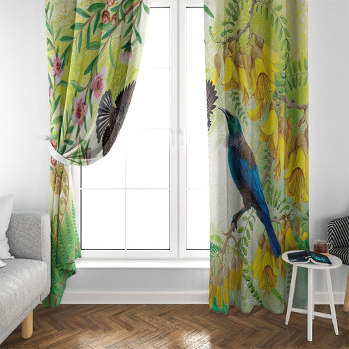 New Zealand Maori Mahuru Window Curtain Tui With Pikawakawa Spring Colors