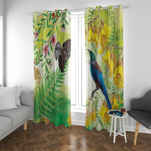New Zealand Maori Mahuru Window Curtain Tui With Pikawakawa Spring Colors