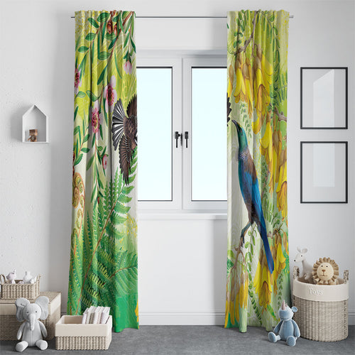 New Zealand Maori Mahuru Window Curtain Tui With Pikawakawa Spring Colors