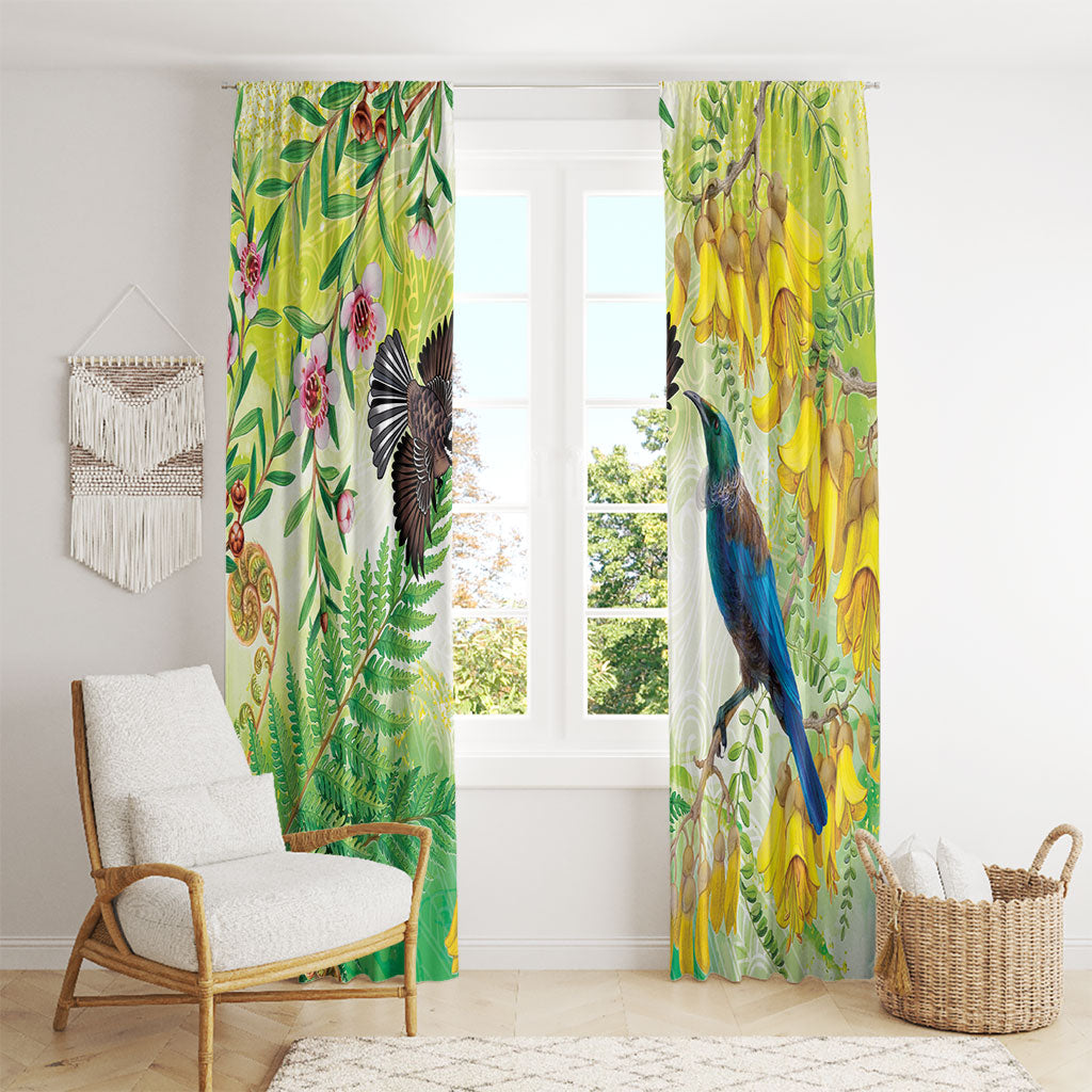 New Zealand Maori Mahuru Window Curtain Tui With Pikawakawa Spring Colors