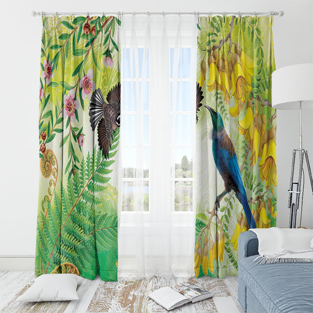 New Zealand Maori Mahuru Window Curtain Tui With Pikawakawa Spring Colors