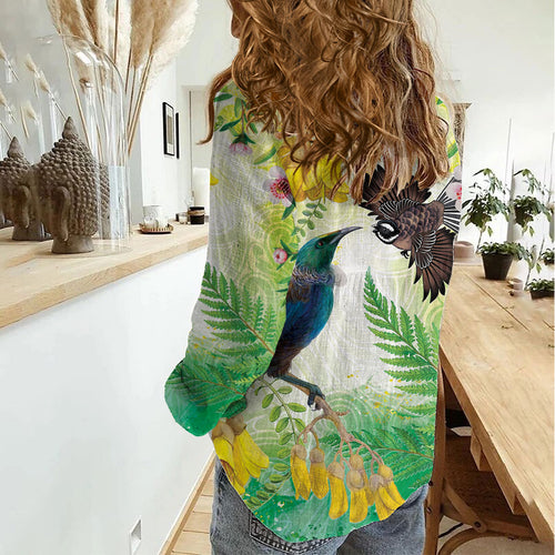 New Zealand Maori Mahuru Women Casual Shirt Tui With Pikawakawa Spring Colors