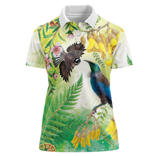 New Zealand Maori Mahuru Women Polo Shirt Tui With Pikawakawa Spring Colors