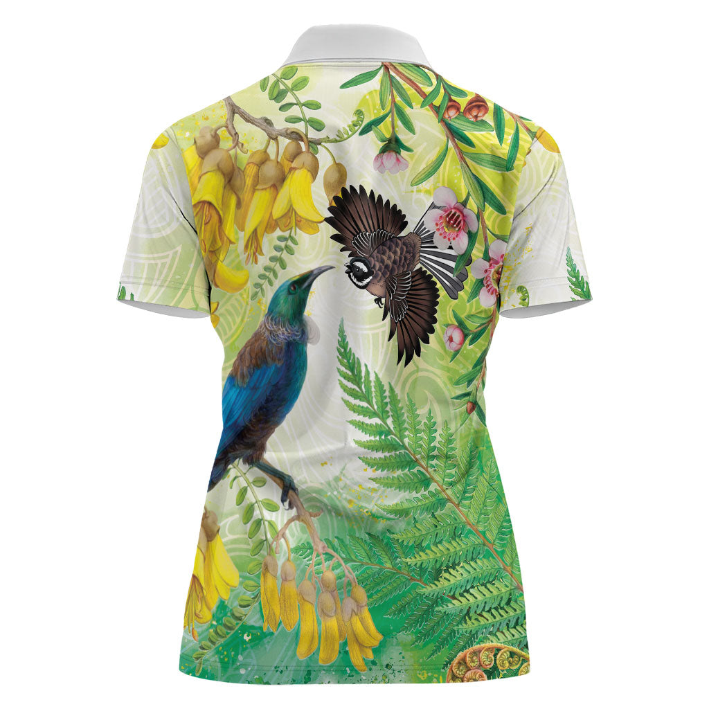 New Zealand Maori Mahuru Women Polo Shirt Tui With Pikawakawa Spring Colors
