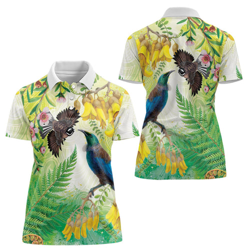 New Zealand Maori Mahuru Women Polo Shirt Tui With Pikawakawa Spring Colors