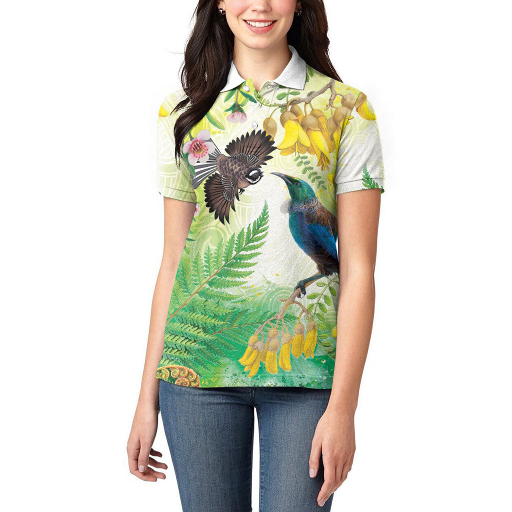 New Zealand Maori Mahuru Women Polo Shirt Tui With Pikawakawa Spring Colors