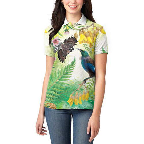 New Zealand Maori Mahuru Women Polo Shirt Tui With Pikawakawa Spring Colors