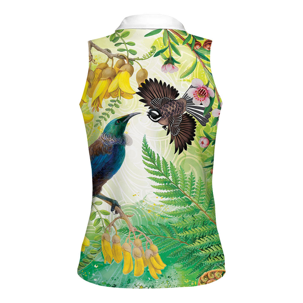 New Zealand Maori Mahuru Women Sleeveless Polo Shirt Tui With Pikawakawa Spring Colors