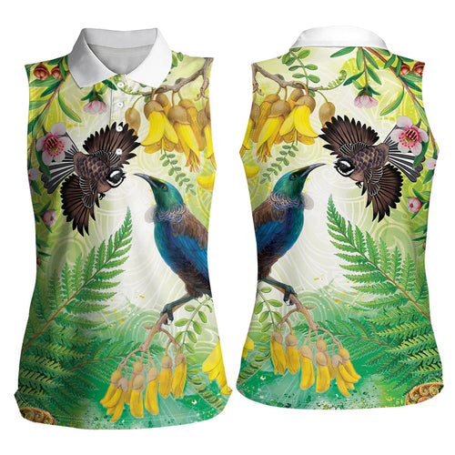 New Zealand Maori Mahuru Women Sleeveless Polo Shirt Tui With Pikawakawa Spring Colors