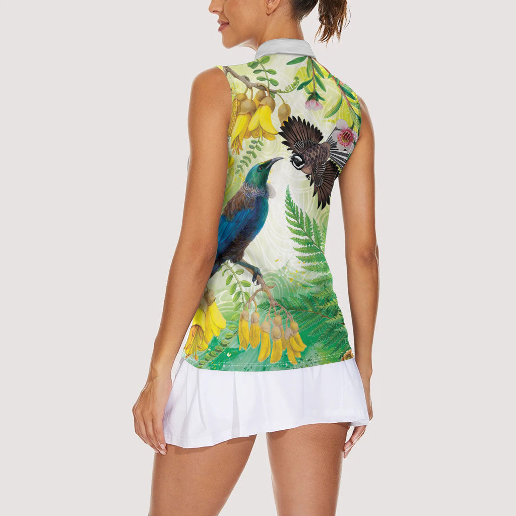 New Zealand Maori Mahuru Women Sleeveless Polo Shirt Tui With Pikawakawa Spring Colors