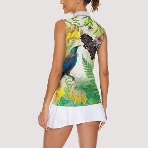 New Zealand Maori Mahuru Women Sleeveless Polo Shirt Tui With Pikawakawa Spring Colors