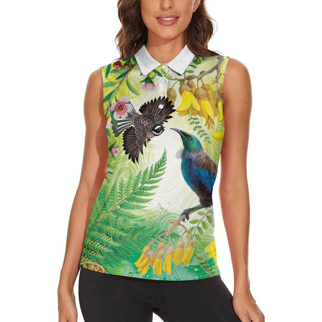 New Zealand Maori Mahuru Women Sleeveless Polo Shirt Tui With Pikawakawa Spring Colors