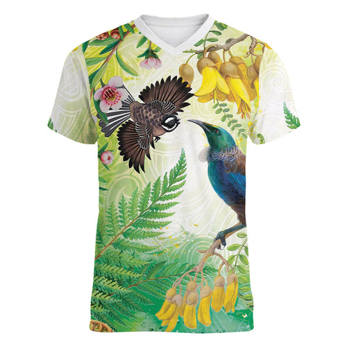 New Zealand Maori Mahuru Women V-Neck T-Shirt Tui With Pikawakawa Spring Colors