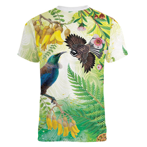 New Zealand Maori Mahuru Women V-Neck T-Shirt Tui With Pikawakawa Spring Colors