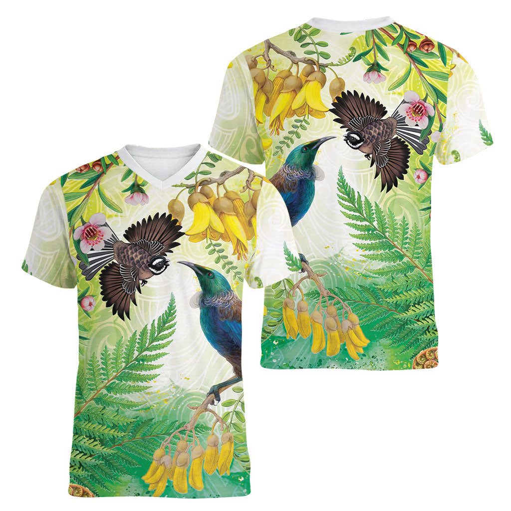 New Zealand Maori Mahuru Women V-Neck T-Shirt Tui With Pikawakawa Spring Colors
