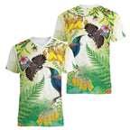 New Zealand Maori Mahuru Women V-Neck T-Shirt Tui With Pikawakawa Spring Colors