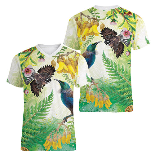 New Zealand Maori Mahuru Women V-Neck T-Shirt Tui With Pikawakawa Spring Colors