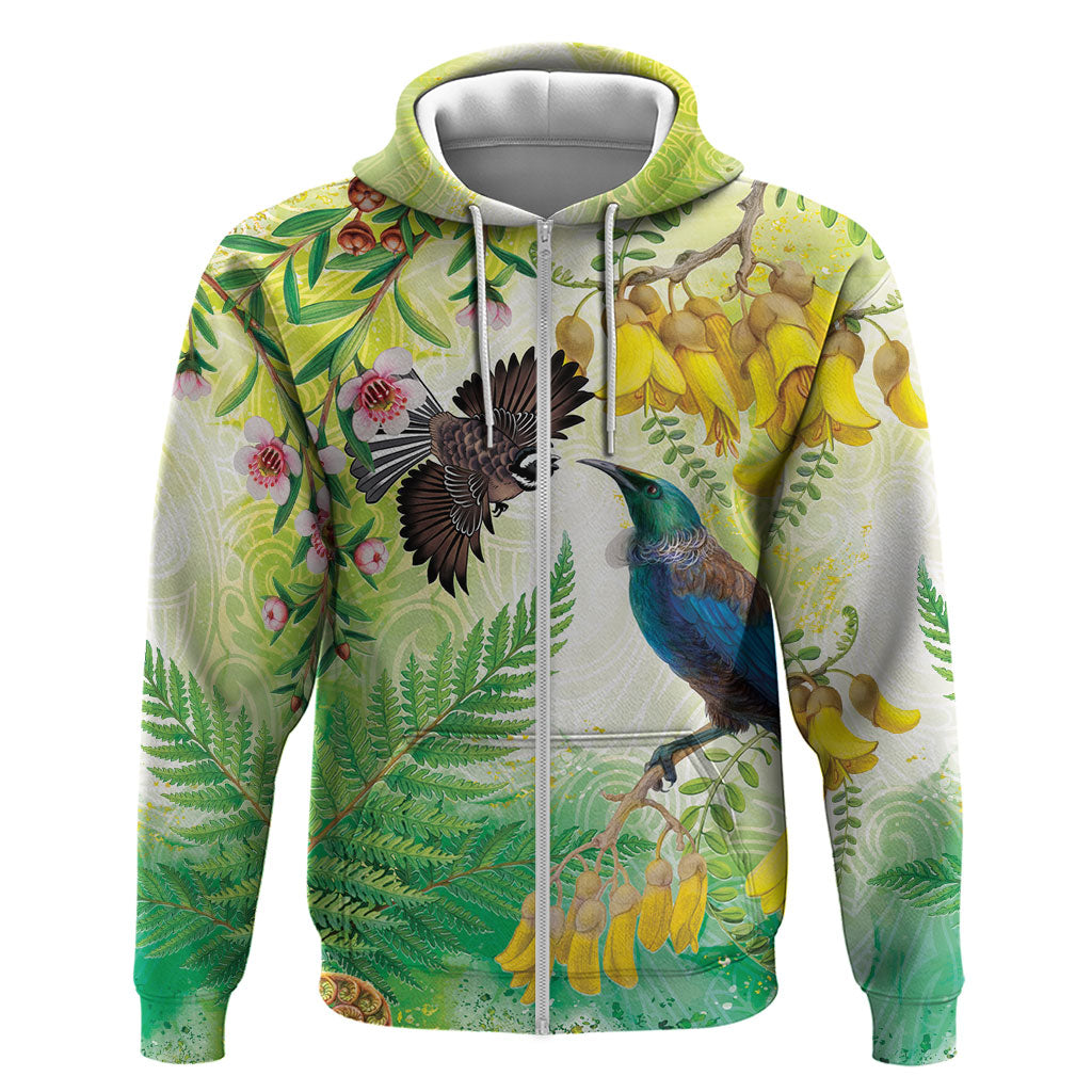 New Zealand Maori Mahuru Zip Hoodie Tui With Pikawakawa Spring Colors