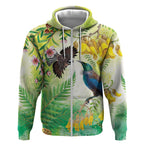 New Zealand Maori Mahuru Zip Hoodie Tui With Pikawakawa Spring Colors
