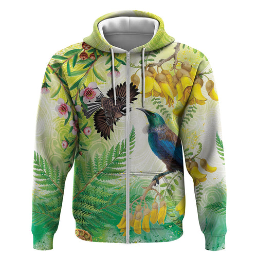 New Zealand Maori Mahuru Zip Hoodie Tui With Pikawakawa Spring Colors