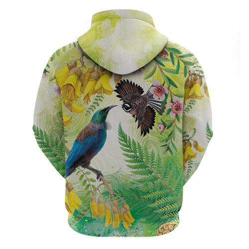 New Zealand Maori Mahuru Zip Hoodie Tui With Pikawakawa Spring Colors