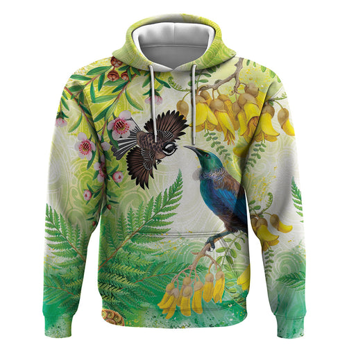 New Zealand Maori Mahuru Zip Hoodie Tui With Pikawakawa Spring Colors