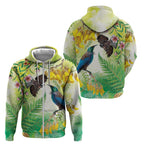 New Zealand Maori Mahuru Zip Hoodie Tui With Pikawakawa Spring Colors