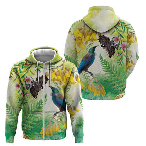 New Zealand Maori Mahuru Zip Hoodie Tui With Pikawakawa Spring Colors