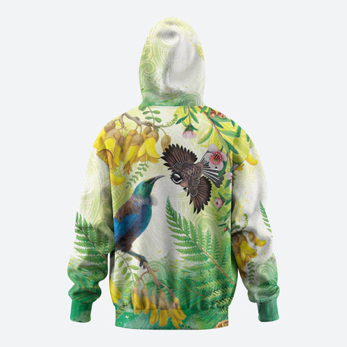 New Zealand Maori Mahuru Zip Hoodie Tui With Pikawakawa Spring Colors
