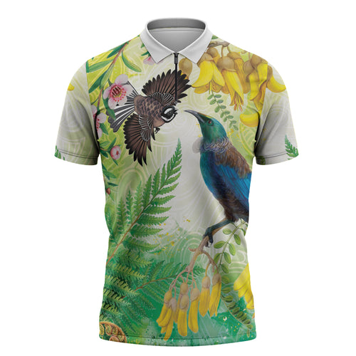 New Zealand Maori Mahuru Zipper Polo Shirt Tui With Pikawakawa Spring Colors