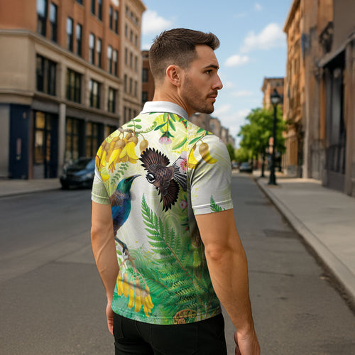 New Zealand Maori Mahuru Zipper Polo Shirt Tui With Pikawakawa Spring Colors