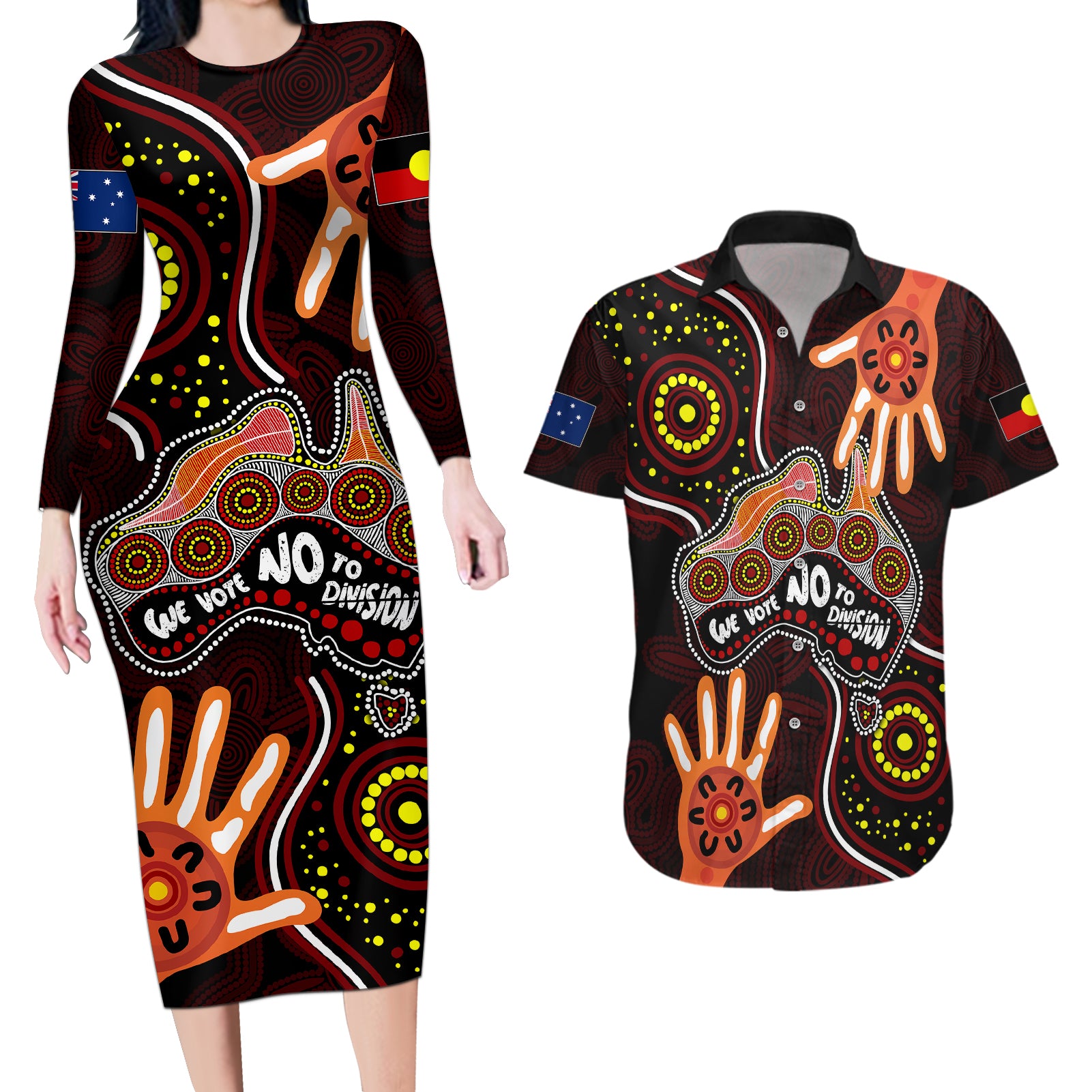 australia-indigenous-couples-matching-long-sleeve-bodycon-dress-and-hawaiian-shirt-we-vote-no-to-division-aboriginal-map