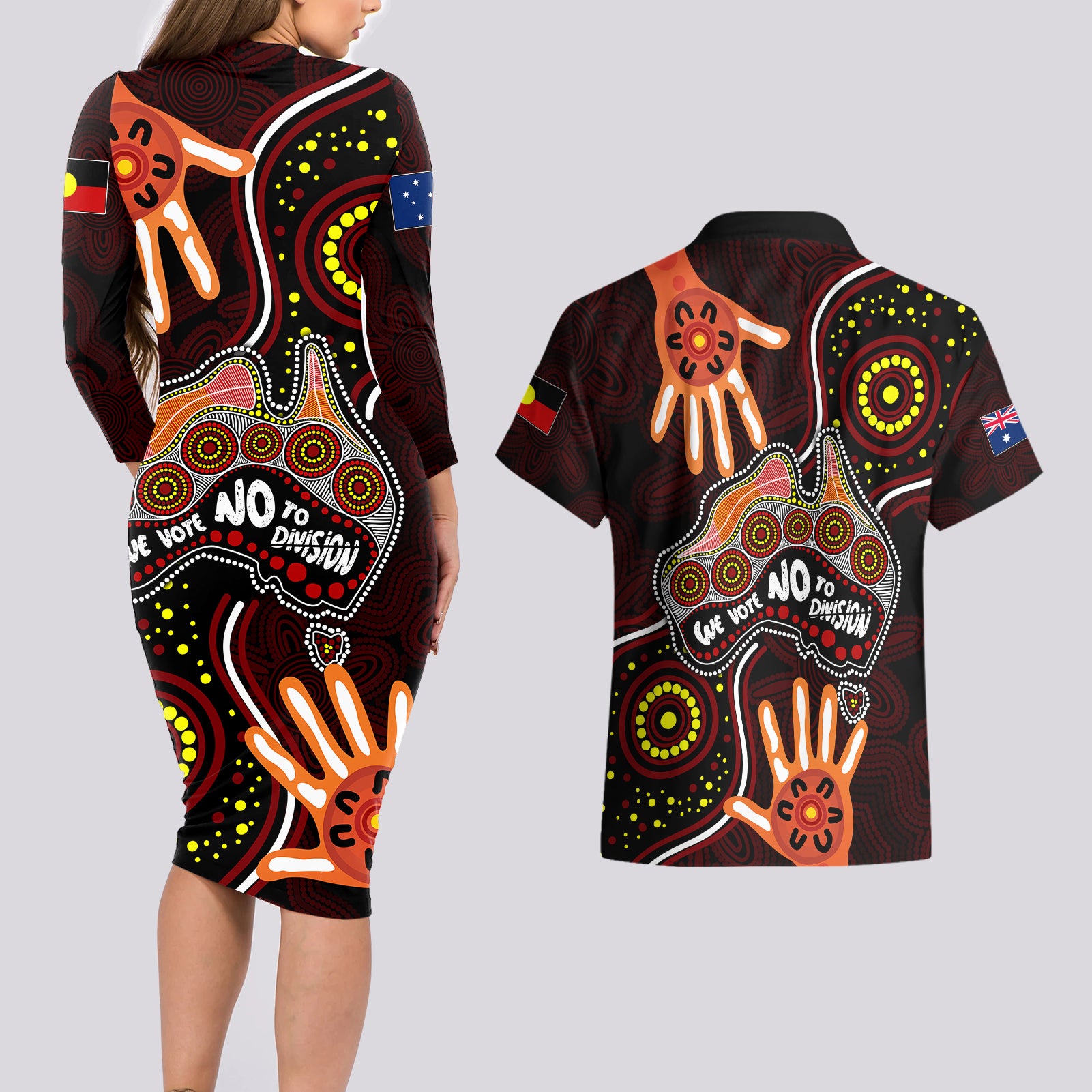 australia-indigenous-couples-matching-long-sleeve-bodycon-dress-and-hawaiian-shirt-we-vote-no-to-division-aboriginal-map