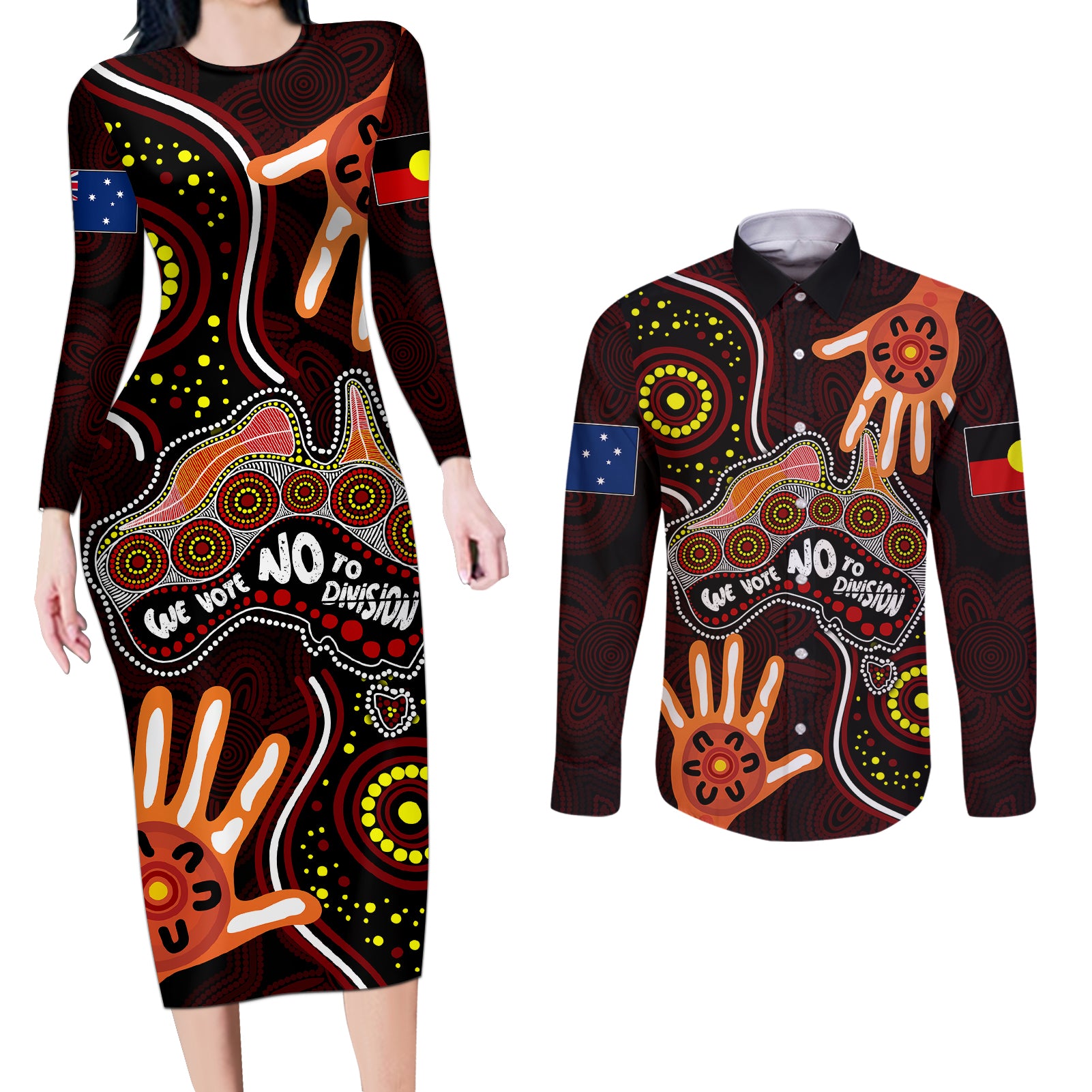 australia-indigenous-couples-matching-long-sleeve-bodycon-dress-and-long-sleeve-button-shirts-we-vote-no-to-division-aboriginal-map