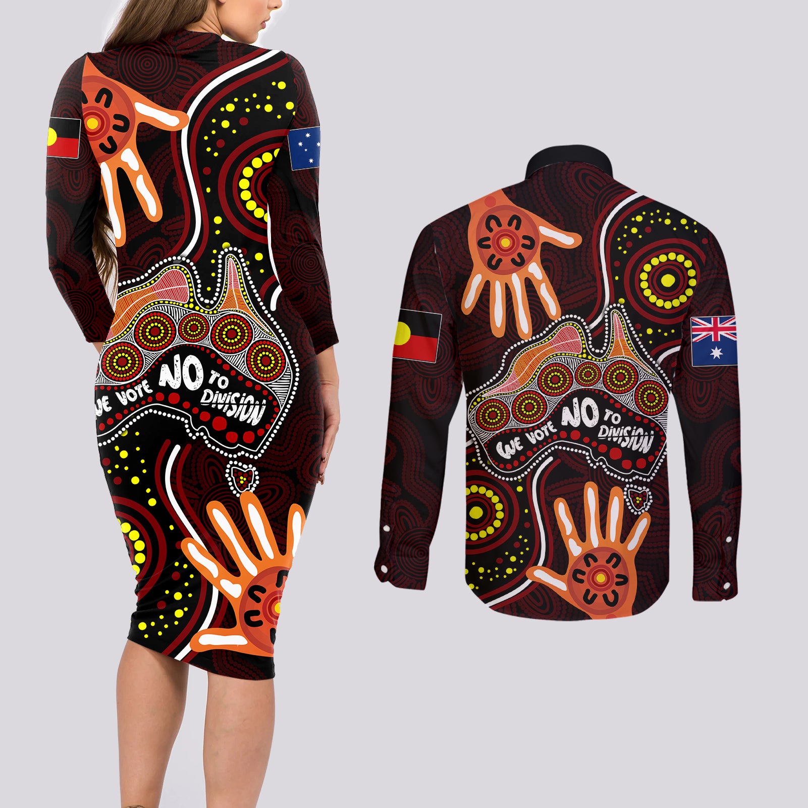 australia-indigenous-couples-matching-long-sleeve-bodycon-dress-and-long-sleeve-button-shirts-we-vote-no-to-division-aboriginal-map